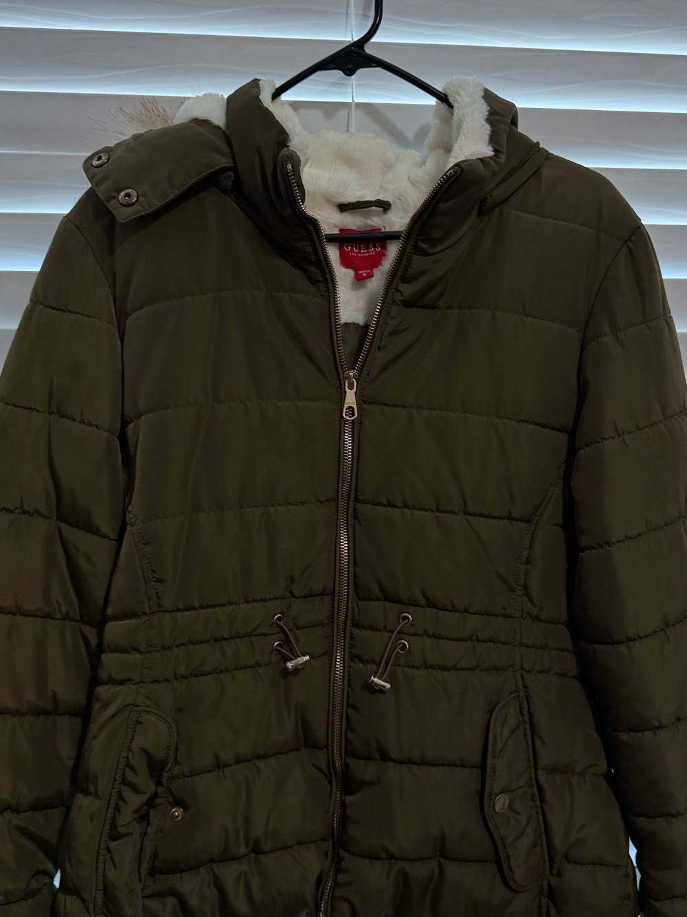 GUESS Women's Olive Green Quilted Puffer Jacket with White Faux Fur Hood